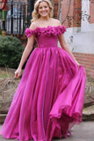 Off Shoulder Magenta Floral Long Prom Dresses With 3D Flowers TP1298-Tirdress