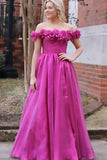 Off Shoulder Magenta Floral Long Prom Dresses With 3D Flowers TP1298-Tirdress