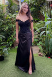 Off Shoulder Mermaid Black Lace Long Prom Dresses with Split TP1309