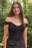 Off Shoulder Mermaid Black Lace Long Prom Dresses with Split TP1309-Tirdress