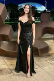 Off Shoulder Mermaid Black Lace Long Prom Dresses with Split TP1309-Tirdress