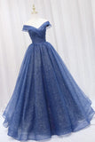 Off Shoulder Shiny Tulle Dark Blue Long Prom Dress Party Dress-Tirdress