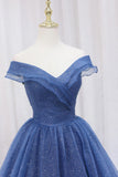 Off Shoulder Shiny Tulle Dark Blue Long Prom Dress Party Dress-Tirdress