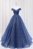 Off Shoulder Shiny Tulle Dark Blue Long Prom Dress Party Dress-Tirdress