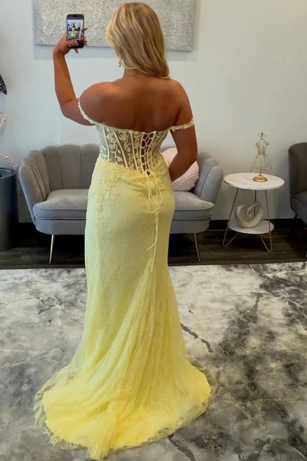 Off Shoulder Sweetheart Lace Appliques Slit Yellow Long Prom Dress US0 / Custom Color Off Shoulder Sweetheart Lace Appliques Slit Yellow Long Prom Dress US0 / Custom Color