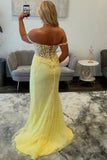 Off Shoulder Sweetheart Lace Appliques Slit Yellow Long Prom Dress-Tirdress