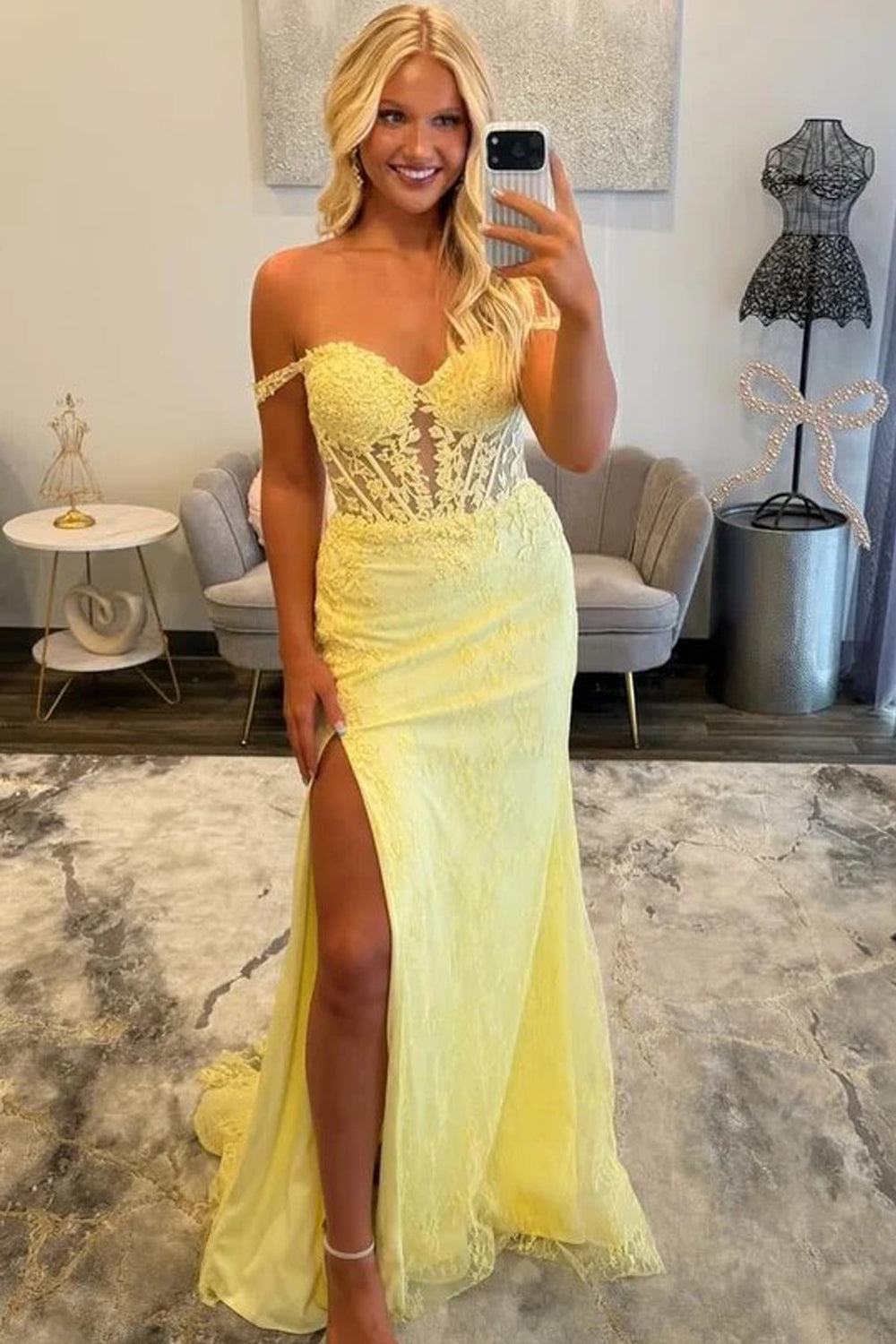 Off Shoulder Sweetheart Lace Appliques Slit Yellow Long Prom Dress Tirdress Off Shoulder Sweetheart Lace Appliques Slit Yellow Long Prom Dress Tirdress