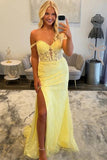 Off Shoulder Sweetheart Lace Appliques Slit Yellow Long Prom Dress