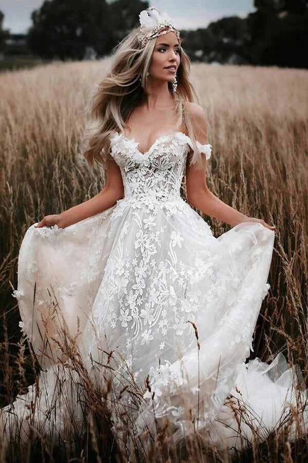 Off The Shoulder Tulle Lace Flowers Beach Wedding Dresses Boho Wedding Gown  TN343