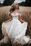 Off The Shoulder Tulle Lace Flowers Beach Wedding Dresses Boho Wedding Gown TN343