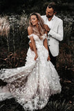 Off The Shoulder Tulle Lace Flowers Beach Wedding Dresses Boho Wedding Gown TN343-Tirdress