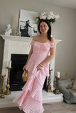 Off the Shoulder Pleated Tiered Pink Long Prom Dress Evening Dress-Tirdress