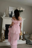 Off the Shoulder Pleated Tiered Pink Long Prom Dress Evening Dress-Tirdress