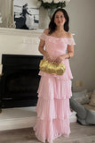 Off the Shoulder Pleated Tiered Pink Long Prom Dress Evening Dress-Tirdress