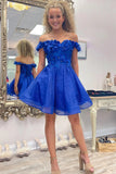 Schulterfreies, königsblaues Homecoming-Kleid mit 3D-Blumen TN424