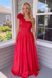 One Shoulder Floral Ruched Red Long Prom Dress Formal Gown