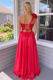 One Shoulder Floral Ruched Red Long Prom Dress Formal Gown