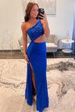 One Shoulder Royal Blue Appliques Cutout Long Prom Dress TP1424