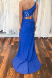 One Shoulder Royal Blue Appliques Cutout Long Prom Dress TP1424-Tirdress