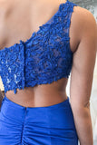 One Shoulder Royal Blue Appliques Cutout Long Prom Dress TP1424-Tirdress