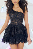 One Shoulder Sequined Appliqued Black Short Homecoming Dress
