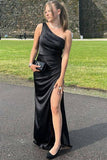 One Shoulder Sheath Mermaid Black Long Prom Dress with Slit TP1419