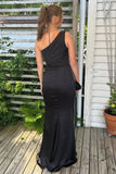 One Shoulder Sheath Mermaid Black Long Prom Dress with Slit TP1419-Tirdress