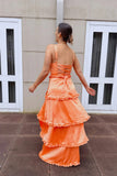 Orange Corset Tiered Long Prom Dress Formal Gown With Split