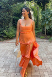 Orange Corset Tiered Long Prom Dress Formal Gown With Split