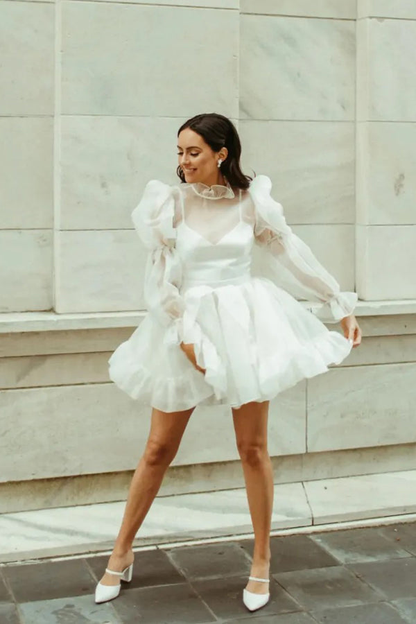 Short Wedding Dresses Long Sleeves Vintage Wedding Dress TD0010 US18 / White Short Wedding Dresses Long Sleeves Vintage Wedding Dress TD0010 US18 / White