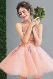 Peach Short A Line Lace Up Back Homecoming Dress With Flowers HD0005