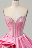 Pink Bodycon Sweetheart Satin Corset Homecoming Dress with Beading-Tirdress