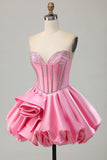 Pink Bodycon Sweetheart Satin Corset Homecoming Dress with Beading-Tirdress