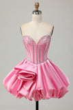 Pink Bodycon Sweetheart Satin Corset Homecoming Dress with Beading-Tirdress