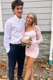 Pink Lace Long Sleeves Pleats Scoop Neck Mini Homecoming Dress-Tirdress