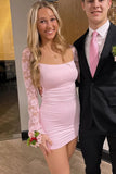 Pink Lace Long Sleeves Pleats Scoop Neck Mini Homecoming Dress-Tirdress