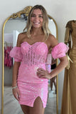 Rosa trägerloses, figurbetontes Homecoming-Kleid mit Applikationen und Ärmeln TN429