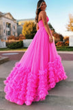 Pink Sweetheart Tiered Tulle Long Prom Dresses Formal Dresses TP1258-Tirdress