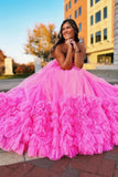 Pink Sweetheart Tiered Tulle Long Prom Dresses Formal Dresses TP1258-Tirdress