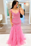 Pink Tulle Appliques Off-the-Shoulder Trumpet Long Prom Dress TP1268