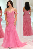 Pink Tulle Appliques Off-the-Shoulder Trumpet Long Prom Dress TP1268-Tirdress