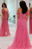 Pink Tulle Appliques Off-the-Shoulder Trumpet Long Prom Dress TP1268-Tirdress