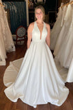 Plunging Halter Deep V Neck Ivory Wedding Dresses Bridal Gown With Pockets TN346