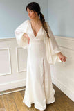 Plunging V-Neck Backless Ivory Wedding Dress with Sleeves Bridal Gown TN345