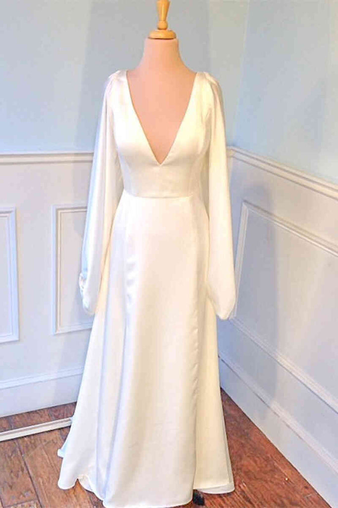 Plunging V-Neck Backless Ivory Wedding Dress with Sleeves Bridal Gown TN345-Tirdress