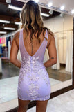 Plunging V-Neck Lavender Straps Appliques Illusion Homecoming Dress HD0185-Tirdress