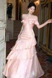 Pretty Pink A-Line Ruffle Off-Shoulder Tiered Maxi Prom Dress-Tirdress