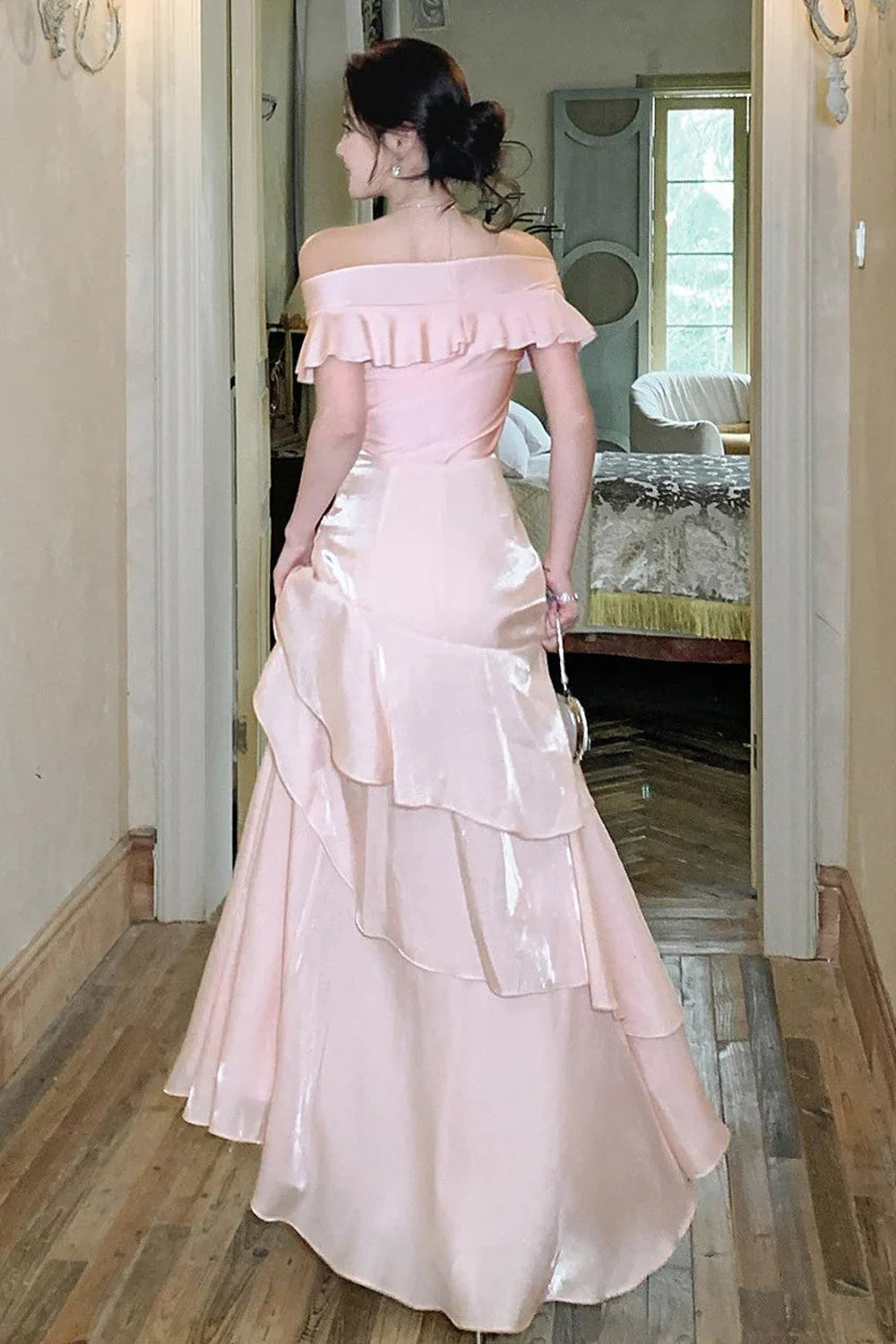 Pretty Pink A-Line Ruffle Off-Shoulder Tiered Maxi Prom Dress Tirdress Pretty Pink A-Line Ruffle Off-Shoulder Tiered Maxi Prom Dress Tirdress
