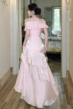 Pretty Pink A-Line Ruffle Off-Shoulder Tiered Maxi Prom Dress-Tirdress