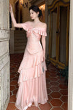 Pretty Pink A-Line Ruffle Off-Shoulder Tiered Maxi Prom Dress